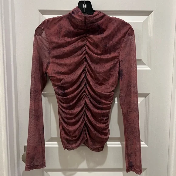 Zara Ruched Long Sleeve Blouse - Deep Burgundy/pink. Sheer - Picture 1 of 4